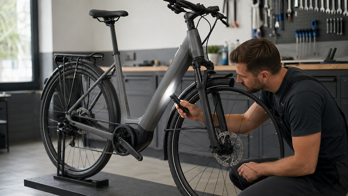 Person prüft den Unterrohrbereich eines abgestellten E-Bikes mit einer Lampe