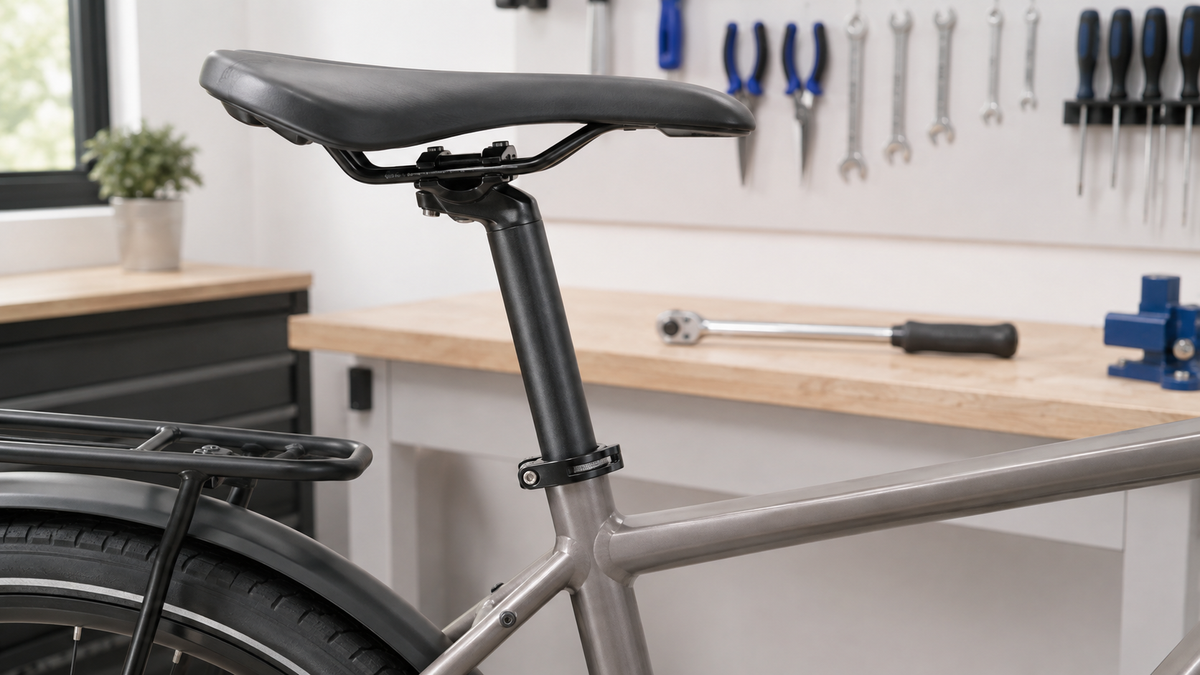 Fahrradsattel, Sattelstütze und Sattelklemme in einer Werkstatt.