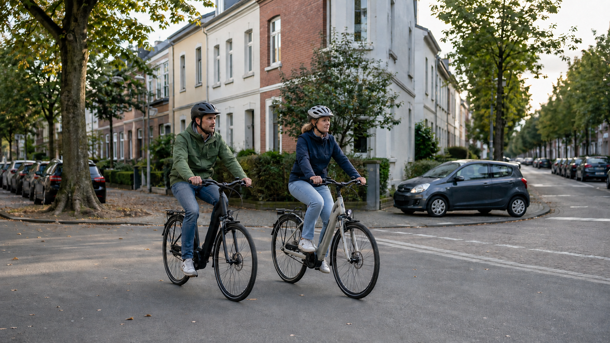 Zwei Radfahrende fahren nebeneinander durch eine ruhige Wohnstraße, während ein Auto an der Einmündung wartet.