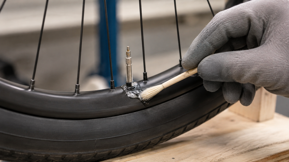 Lokale Blasenprobe an einem Fahrradventil zur Suche nach Luftverlust