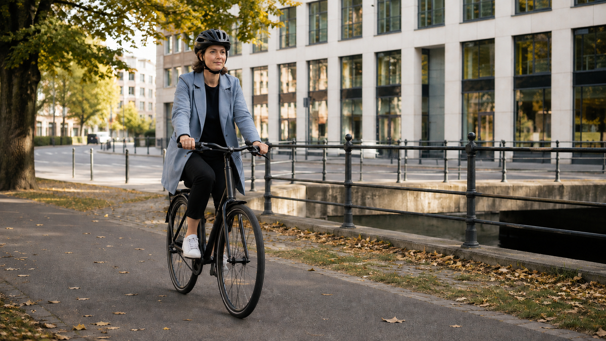Radfahrerin fährt kontrolliert mit beiden Händen am Lenker