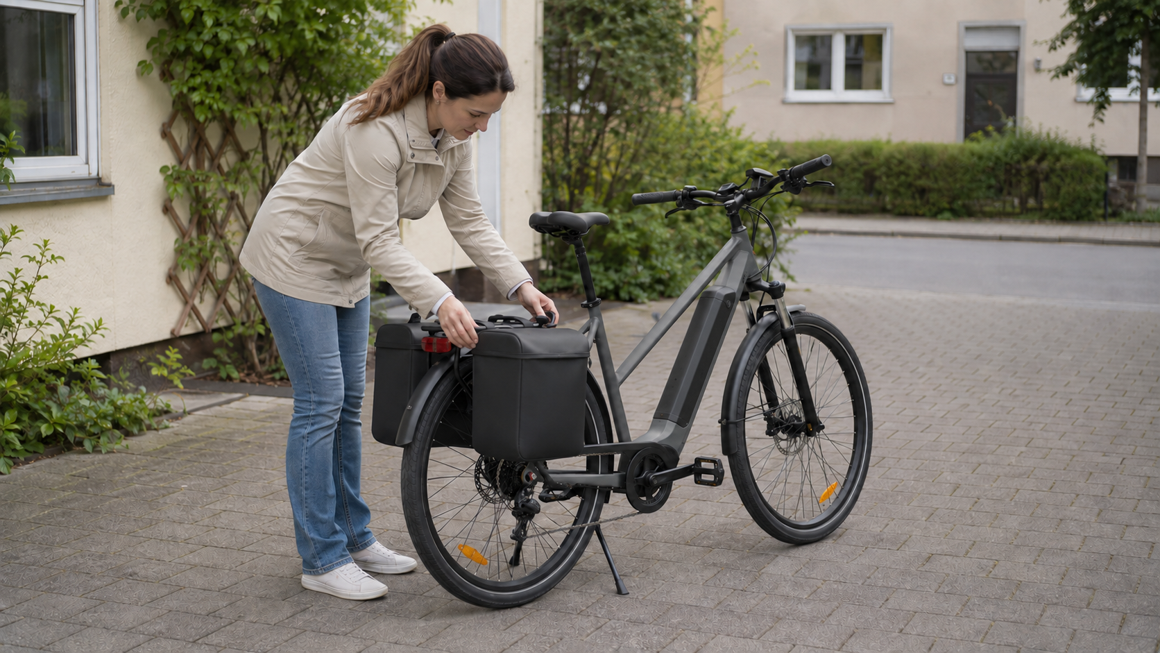 Person prüft gleichmäßig befestigte Gepäcktaschen an einem Fahrrad