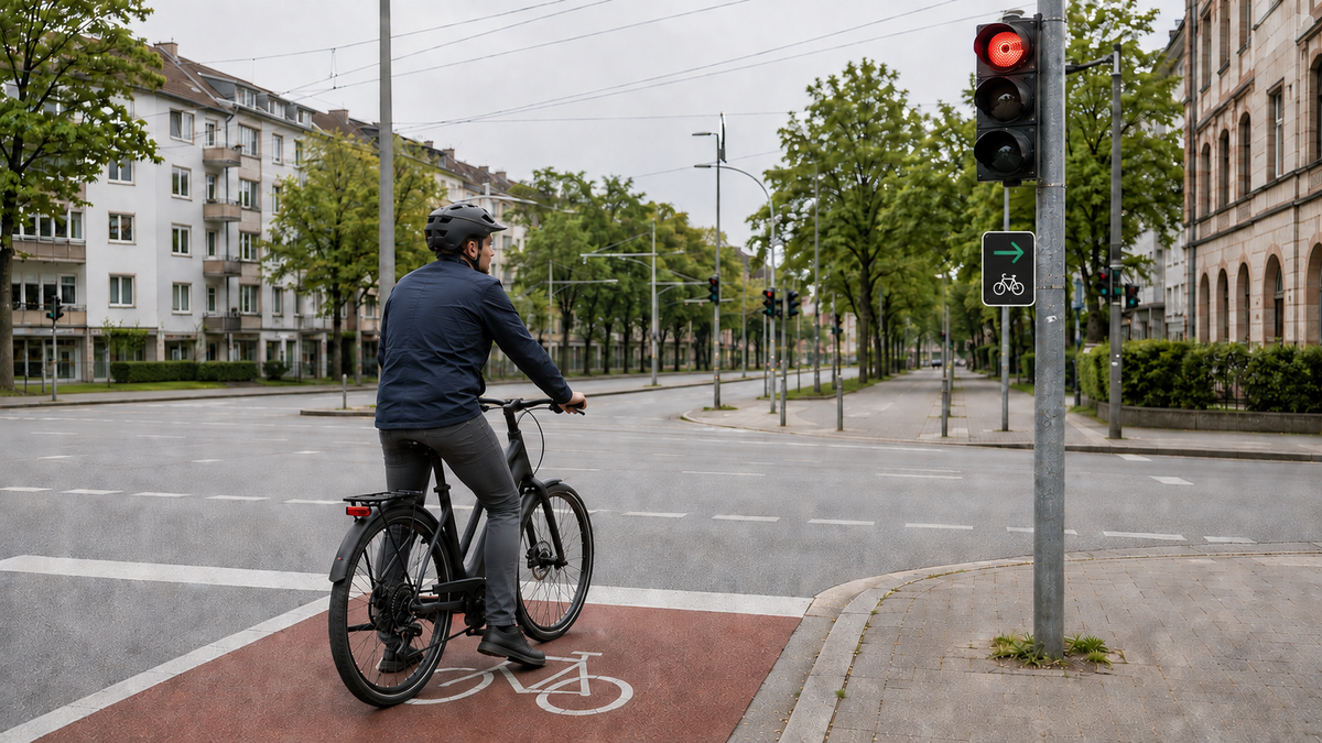 Radfahrer wartet bei roter Ampel am Grünpfeil für Fahrräder