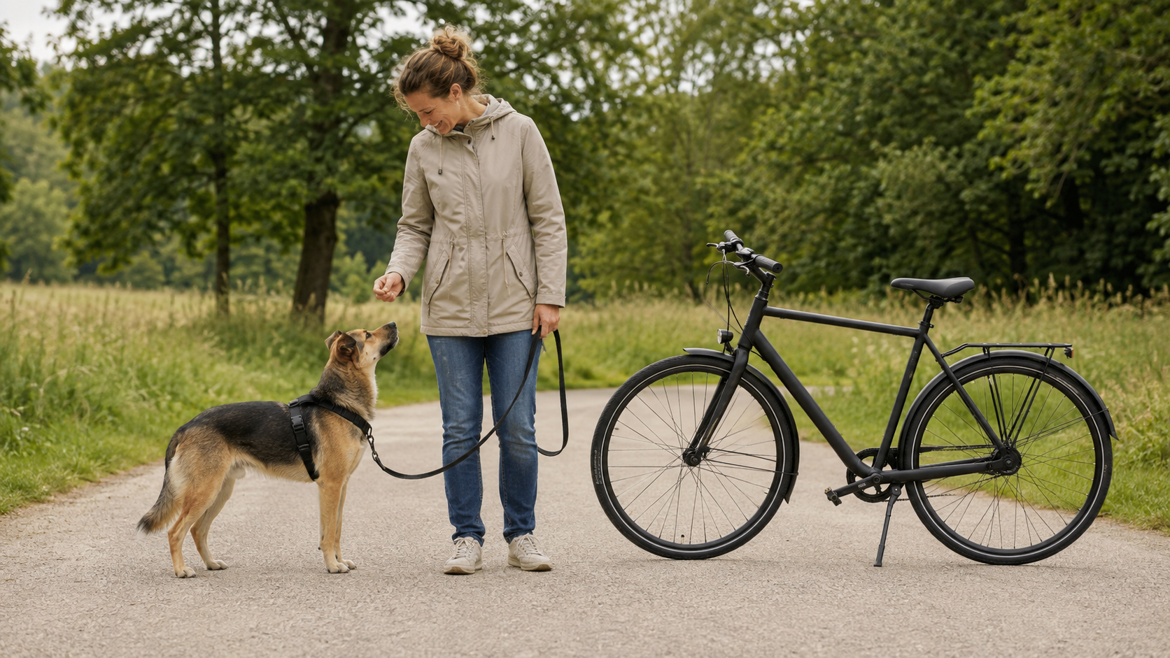 Person übt mit Hund ruhig neben einem stehenden Fahrrad
