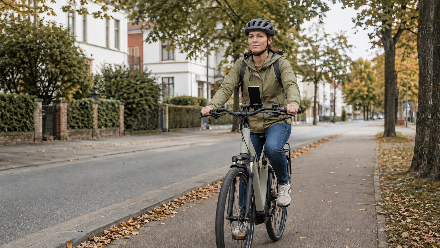 Aufmerksame Radfahrerin mit befestigtem Smartphone und beiden Händen am Lenker