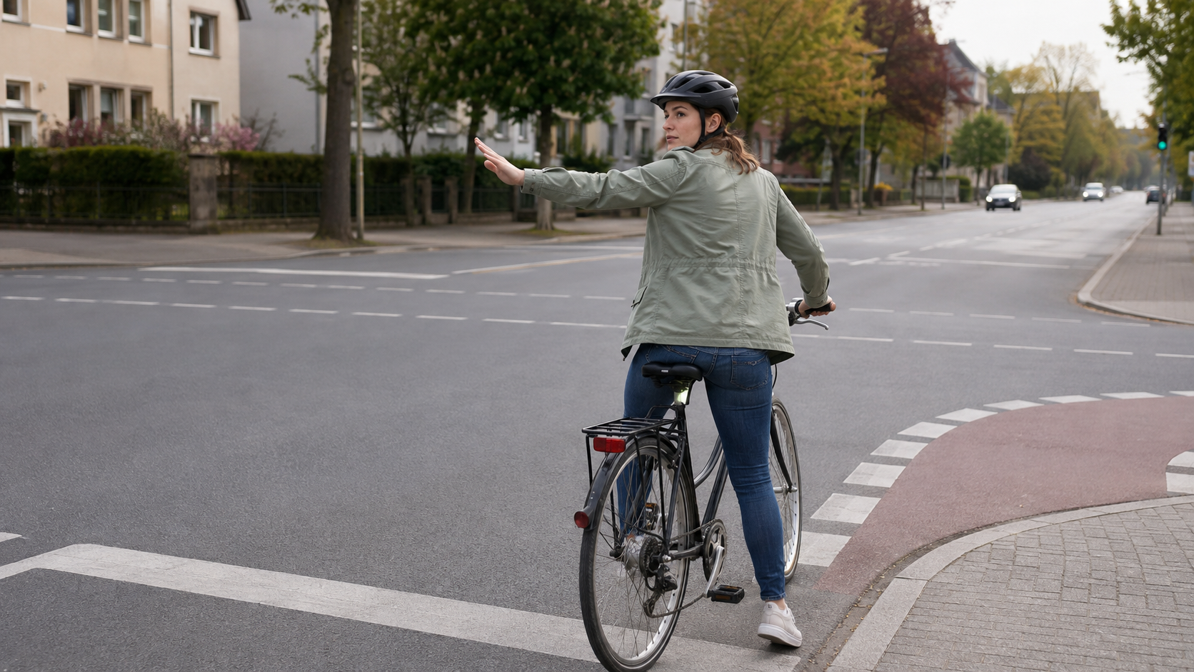 Radfahrerin blickt vor dem direkten Linksabbiegen über die Schulter