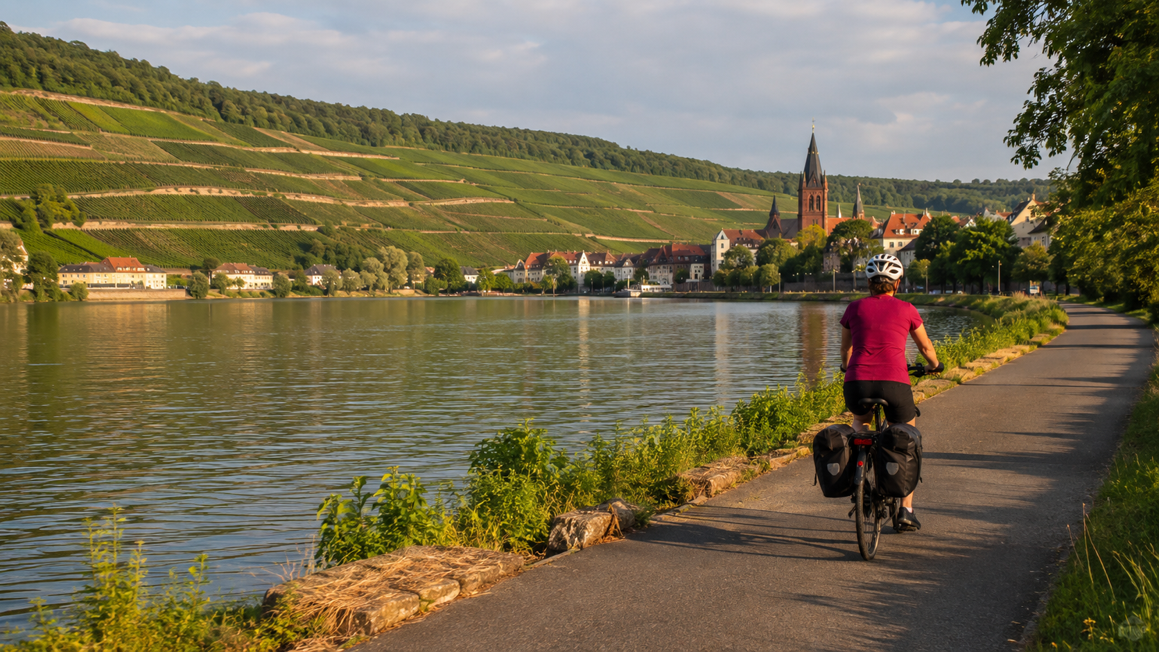 Radreisende Person auf einem Uferweg mit Fluss, Weinbergen und Stadt im Hintergrund.