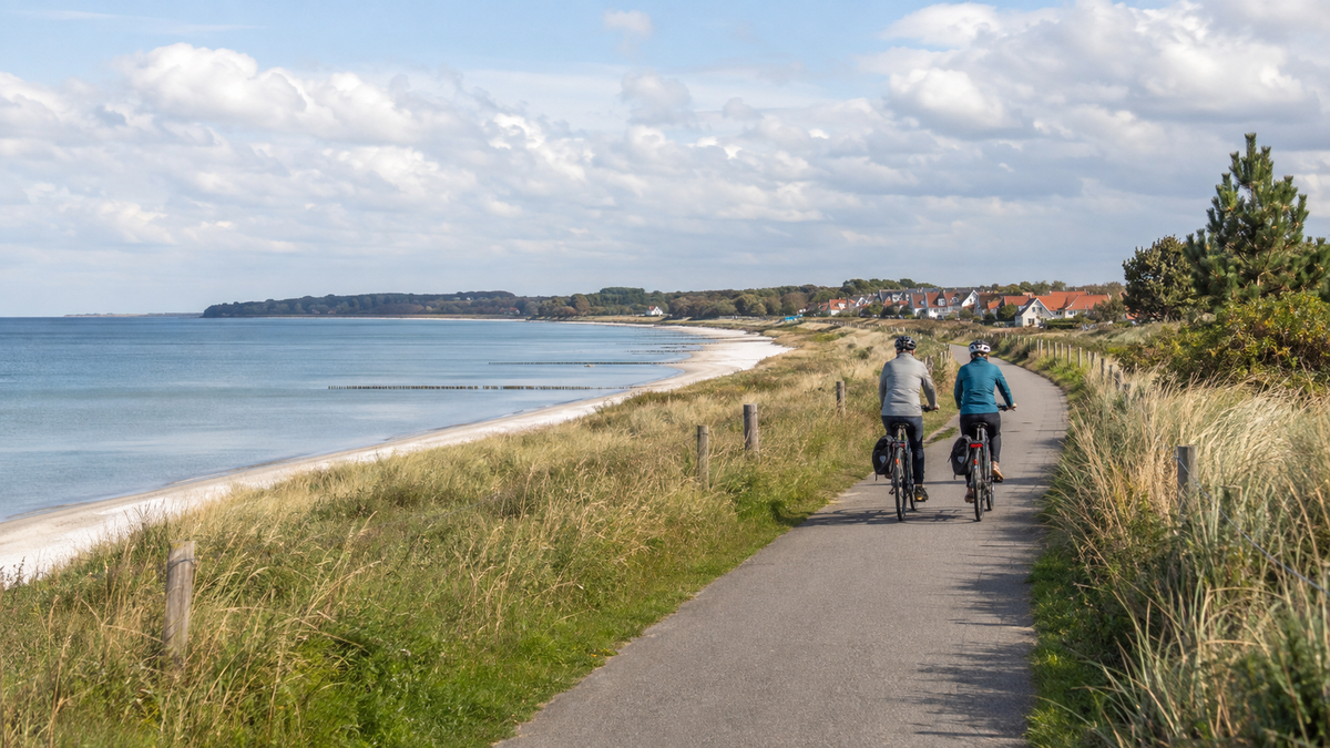 Zwei Radreisende auf einem Küstenradweg zwischen Dünen und Ostsee.