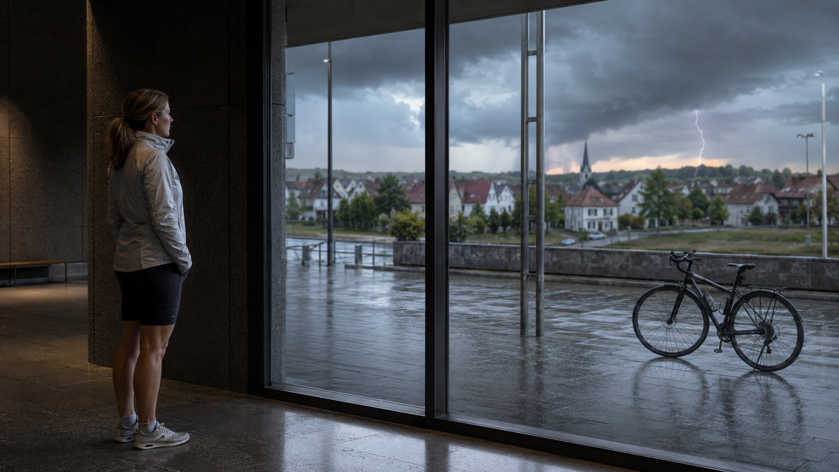 Radfahrerin wartet in einem geschlossenen Gebäude ein entferntes Gewitter ab