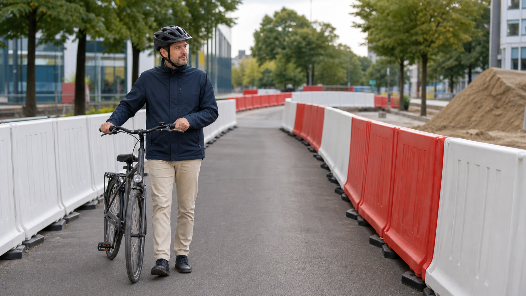 Person schiebt ein Fahrrad sicher durch einen Baustellenkorridor