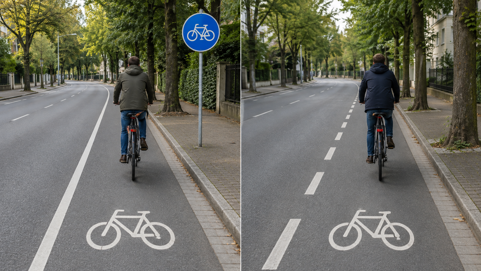 Geteilte Ansicht mit Radfahrstreifen, Zeichen 237 und Schutzstreifen mit gestrichelter Linie