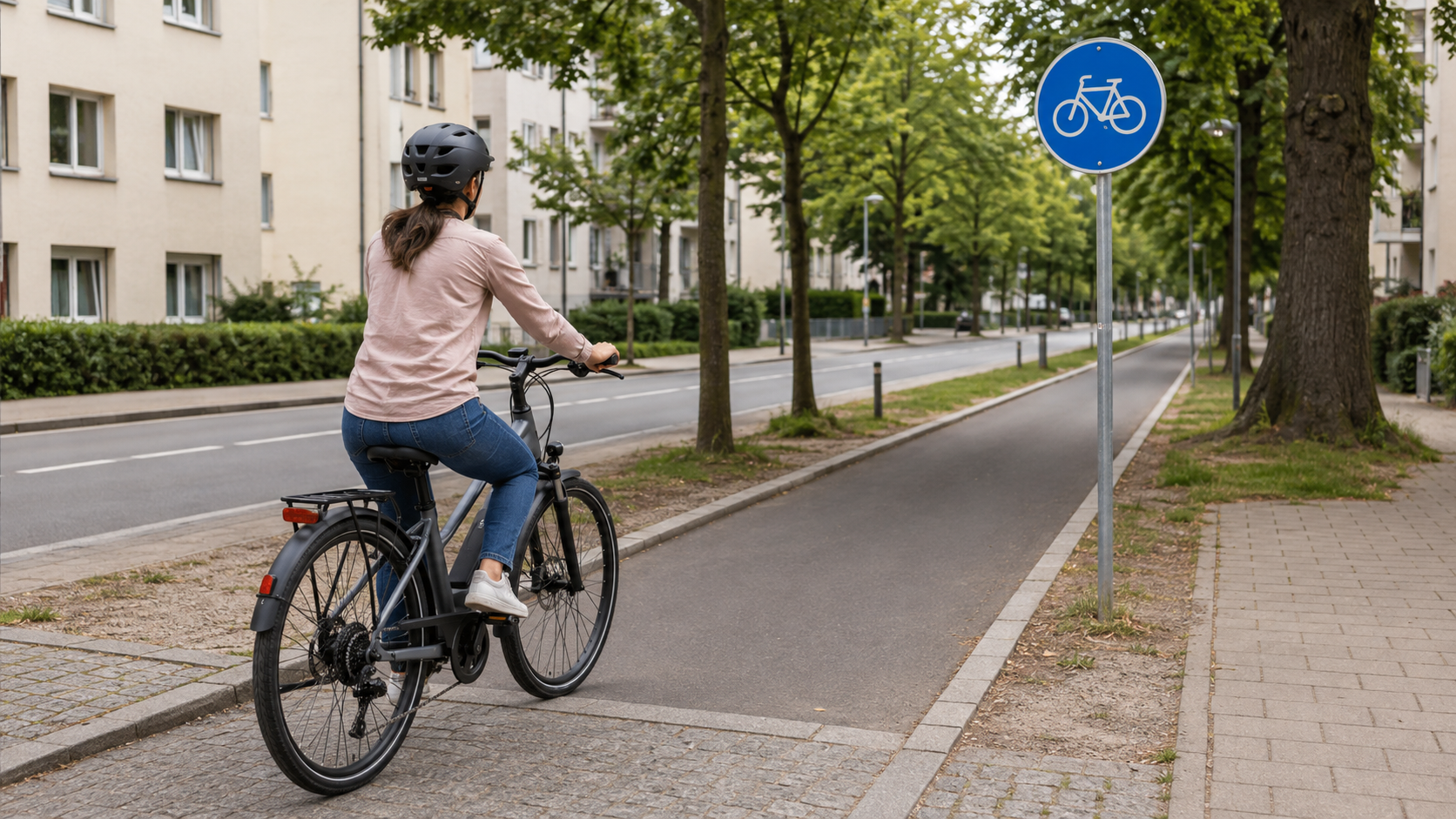 Radfahrerin nähert sich einem blauen Radwegschild an einer deutschen Straße