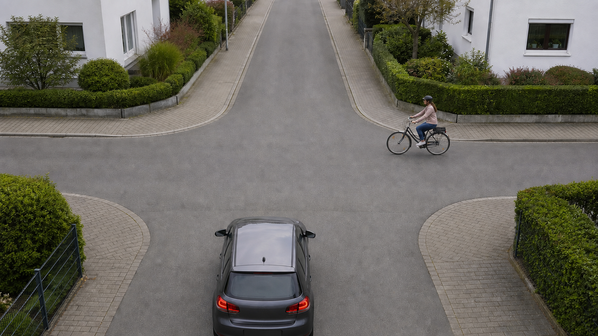 Radfahrerin kommt von rechts an eine unbeschilderte Wohnstraßenkreuzung