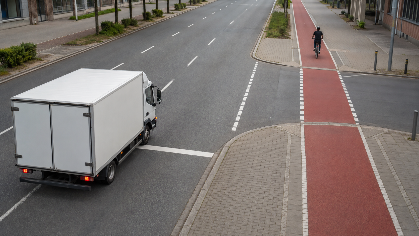 Lkw wartet hinter einer geradeaus fahrenden Radfahrerin vor dem Rechtsabbiegen