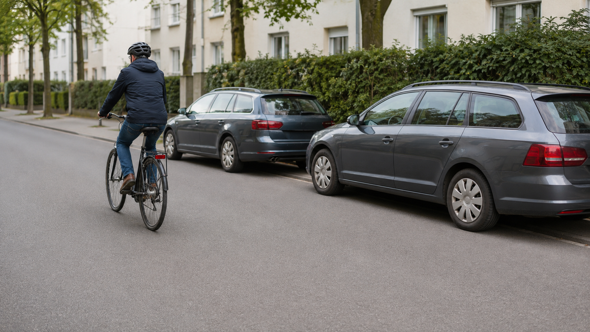 Radfahrer hält auf der Fahrbahn Abstand zu rechts parkenden Autos