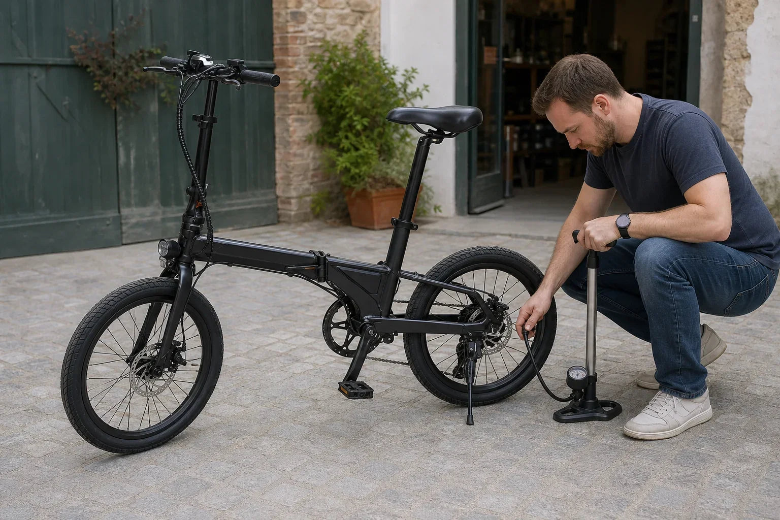 Schwarzes Cyseekin C10 Falt-E-Bike beim Prüfen des Reifendrucks mit Manometer