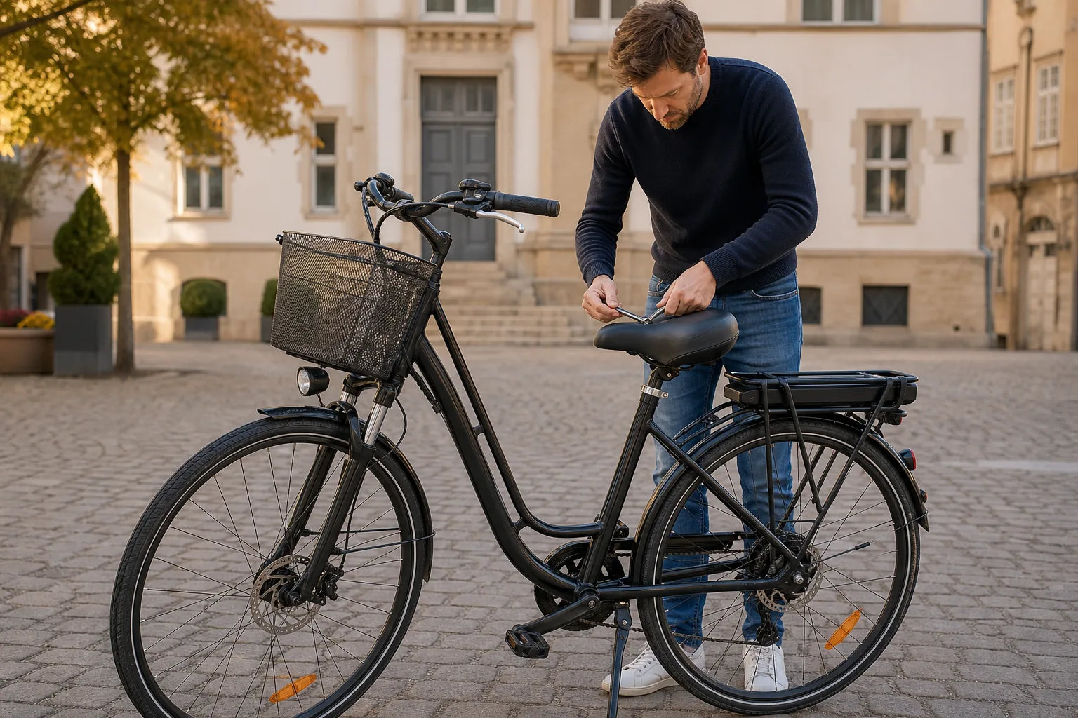 Schwarzes City-E-Bike mit breitem Komfortsattel beim Einstellen der Sattelposition
