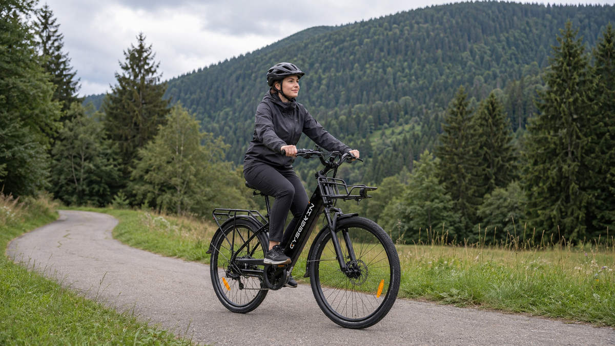 Radfahrerin mit Cyseekin S10 auf einem befestigten Weg vor bewaldeten Hügeln