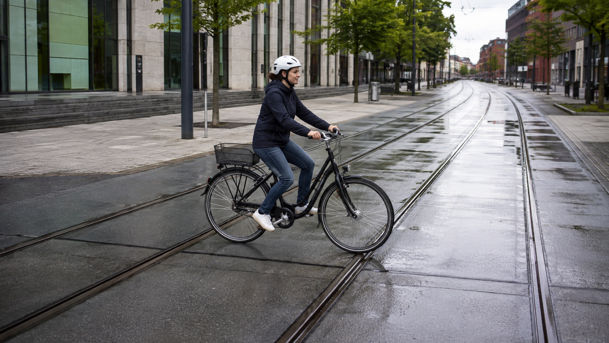 Radfahrerin quert nasse Straßenbahnschienen in einem steilen Winkel