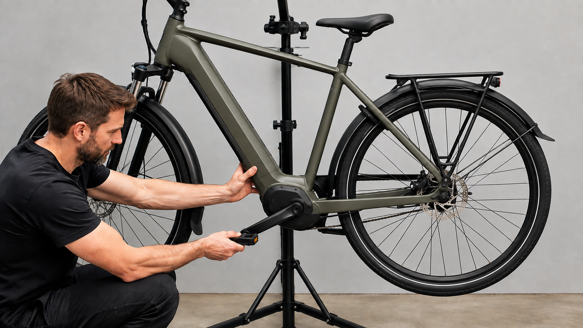 Person prüft Kurbelarm und Tretlagerbereich eines abgestellten E-Bikes