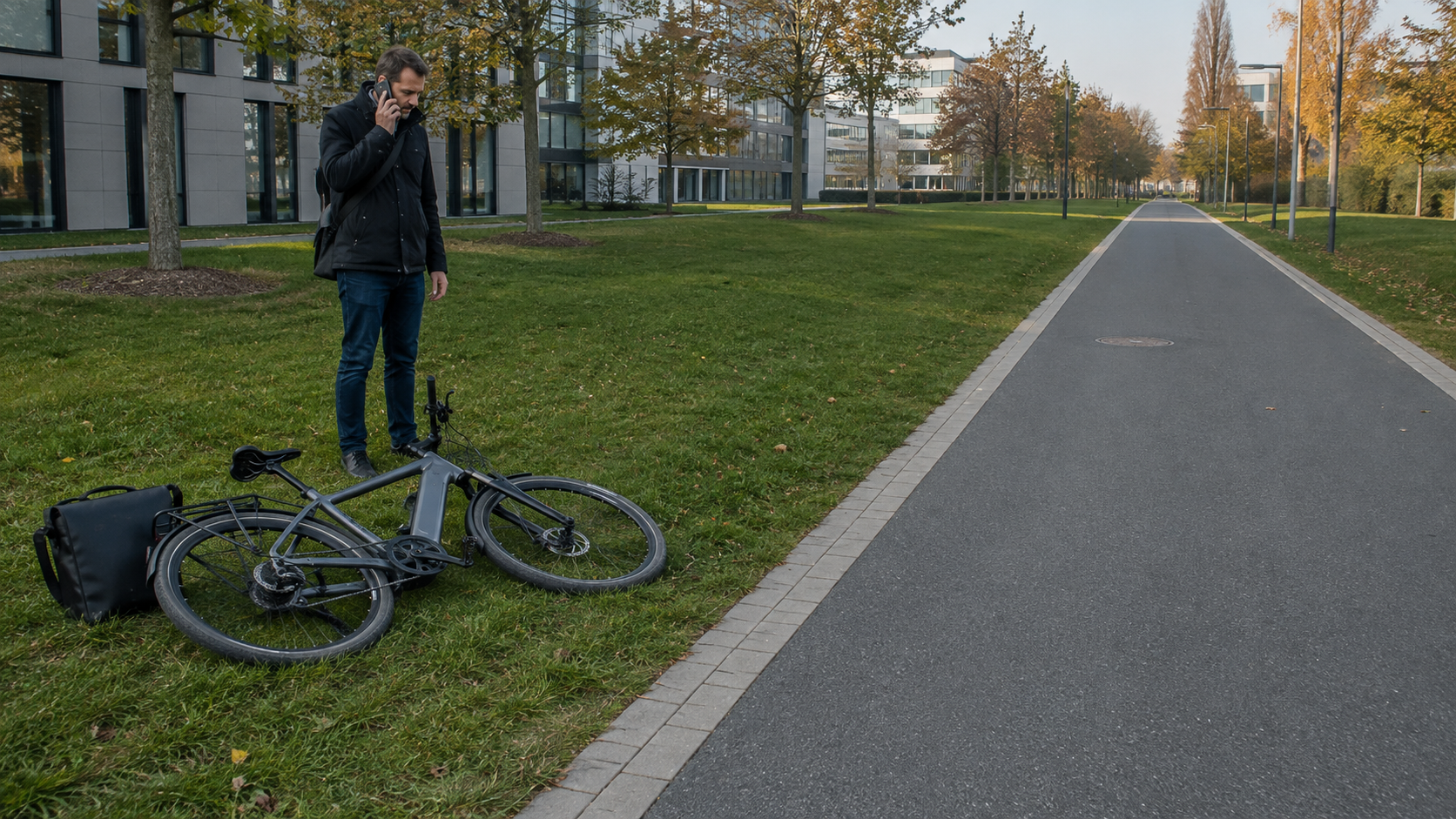Fahrradpendler meldet einen Sturz am Rand des Arbeitswegs