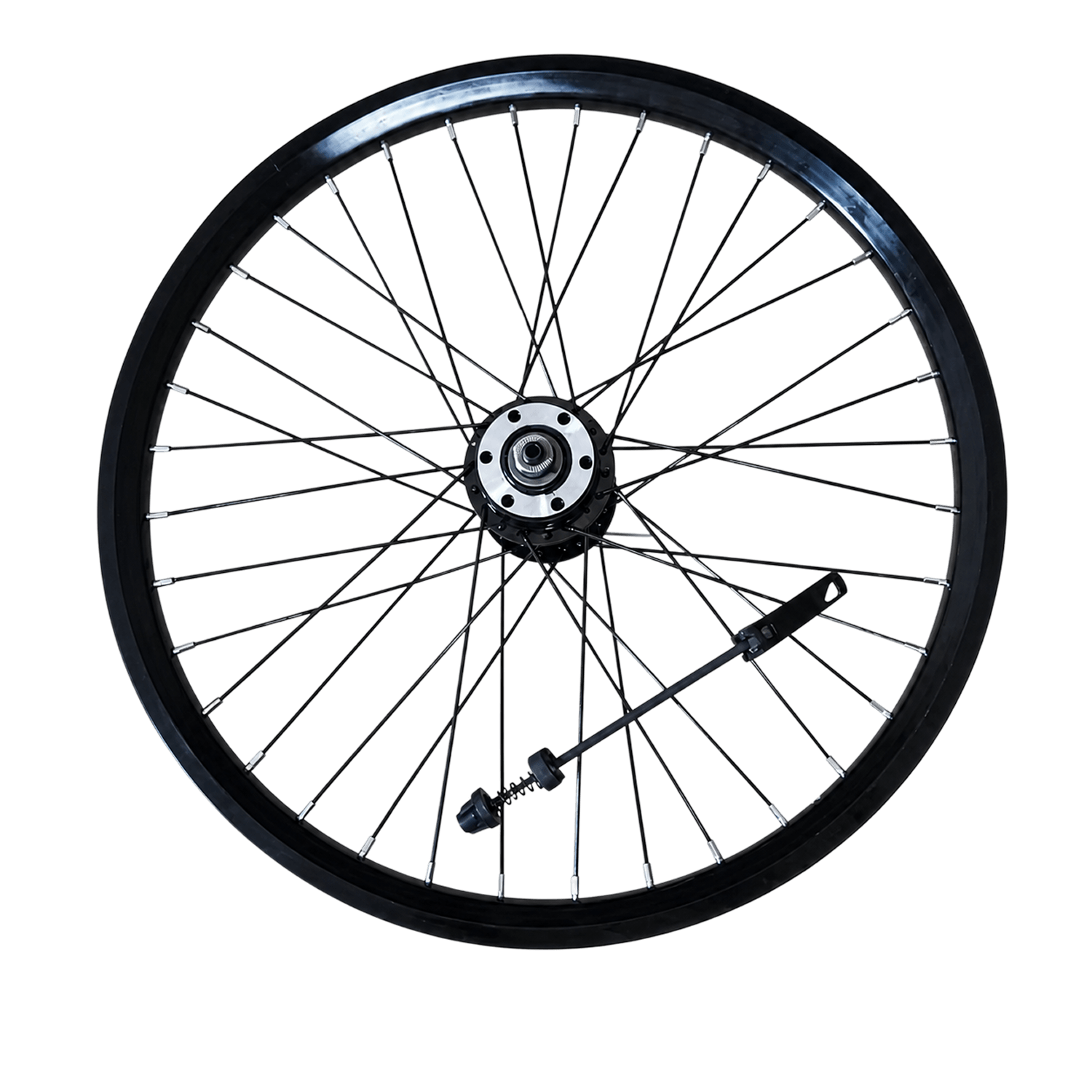 Schwarzes Vorderrad mit Speichen für das Cyseekin C10 E-Bike