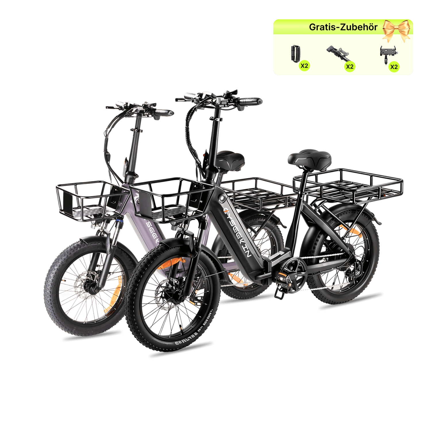 Cyseekin_C20_Mini-Cargo_E-Bike_2er-Set_Schwarz_und_Lila_mit_Frontkorb_und_Gepacktrager
