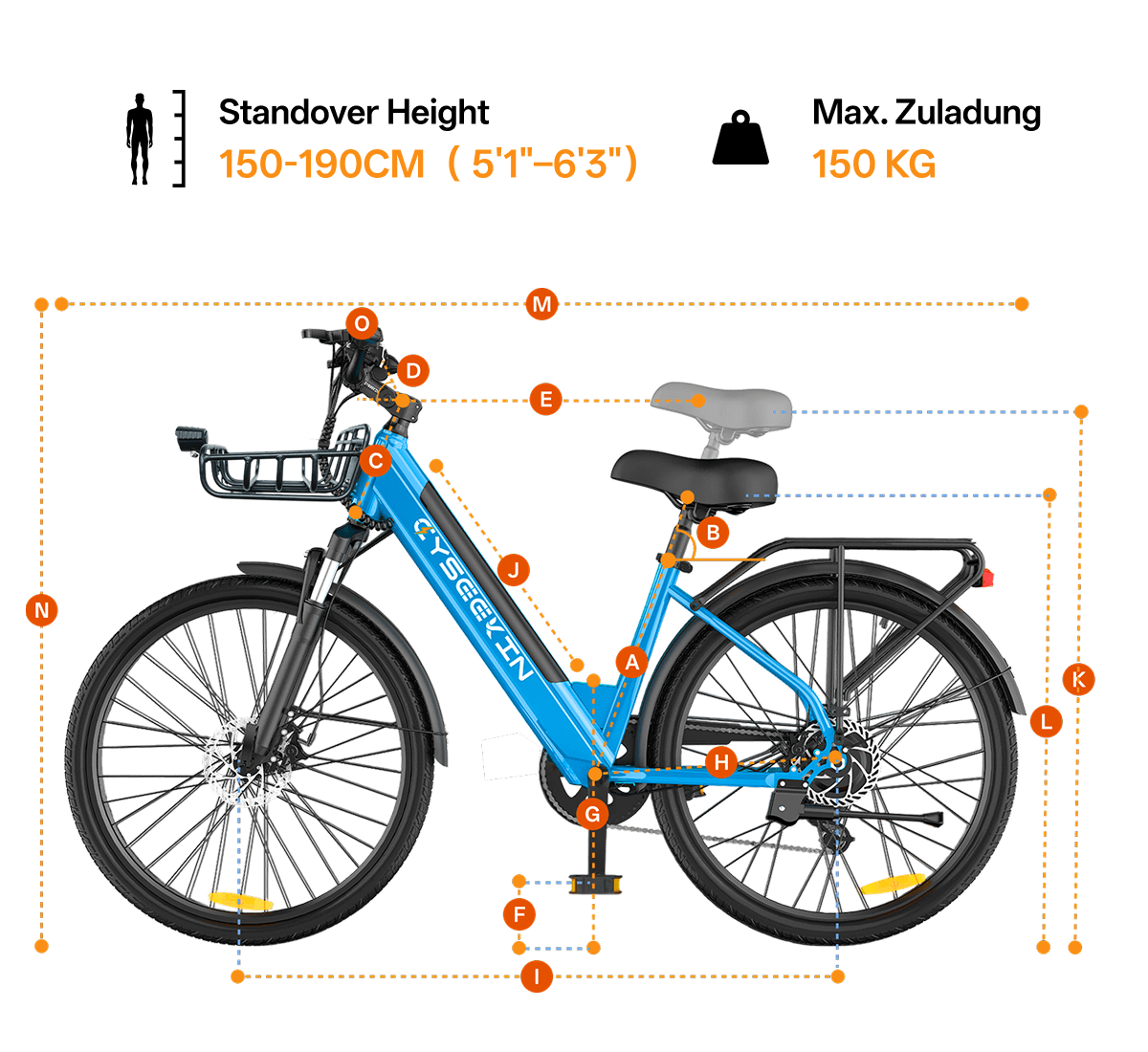 Größenübersicht des Cyseekin S10 City-E-Bikes mit Rahmenmaßen, Sattelhöhe und empfohlener Körpergröße