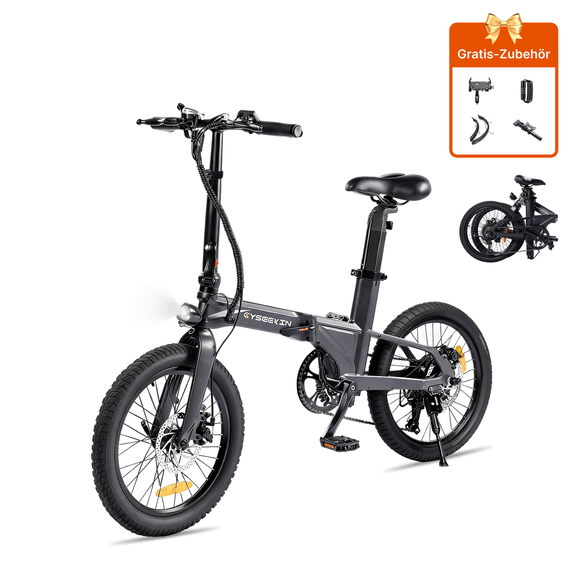 Schwarzes Cyseekin C10 Falt-E-Bike, aufrecht und zusammengefaltet dargestellt