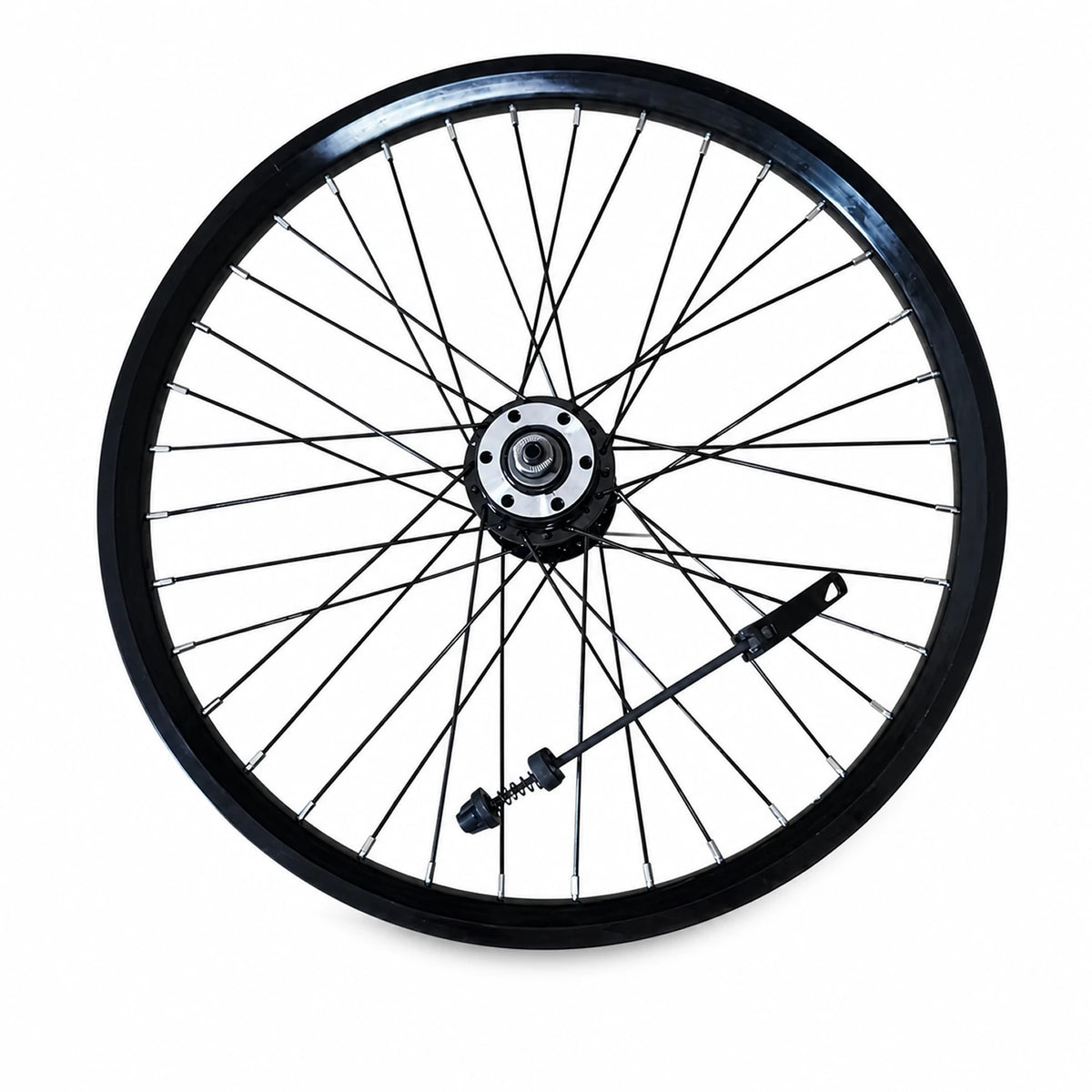 Schwarzes Vorderrad mit Speichen für das Cyseekin C10 E-Bike