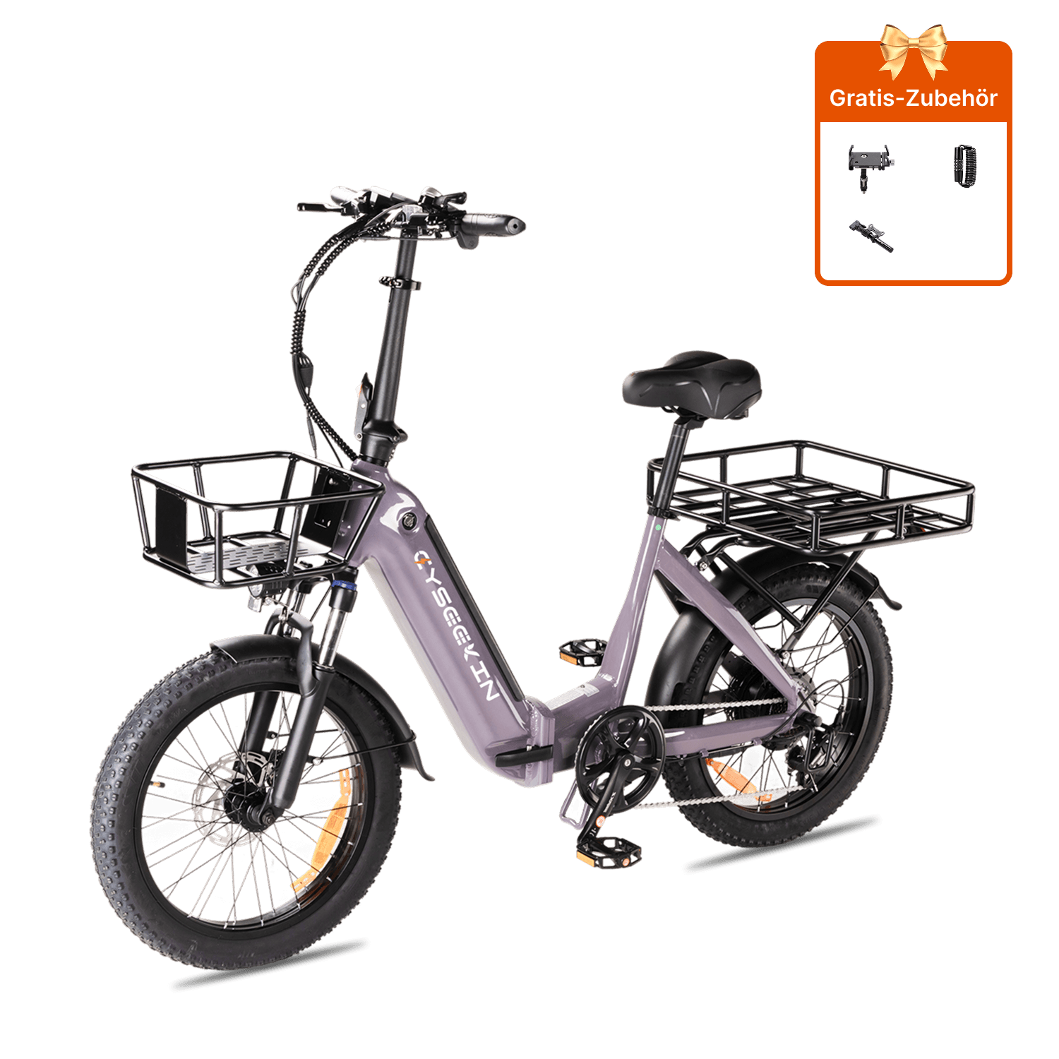 Cyseekin C20 E-Bike Tiefeinsteiger in Grauviolett mit Frontkorb und Gepäckträger