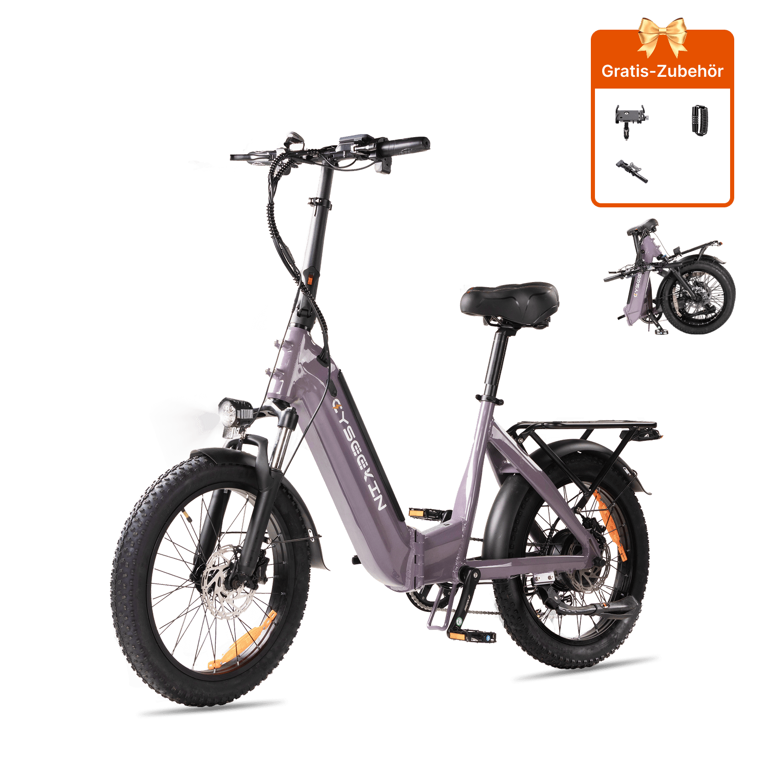 Grauviolettes Cyseekin C20 Tiefeinsteiger-E-Bike in Seitenansicht mit Gepäckträger