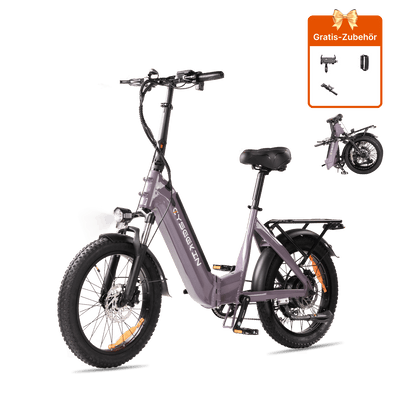 Grauviolettes Cyseekin C20 Tiefeinsteiger-E-Bike in Seitenansicht mit Gepäckträger