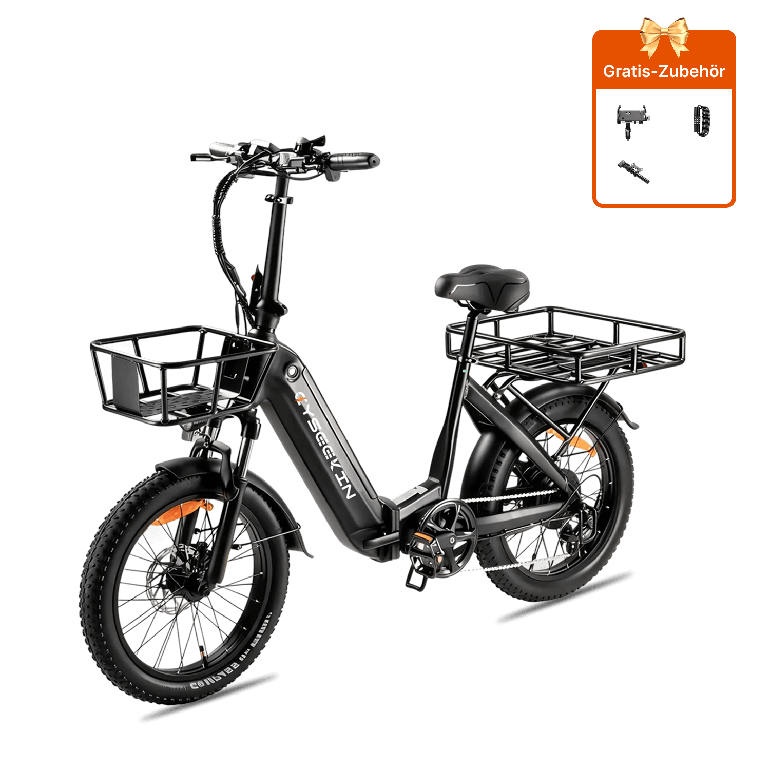 Cyseekin C20 E-Bike Tiefeinsteiger in Schwarz mit Frontkorb und Gepäckträger