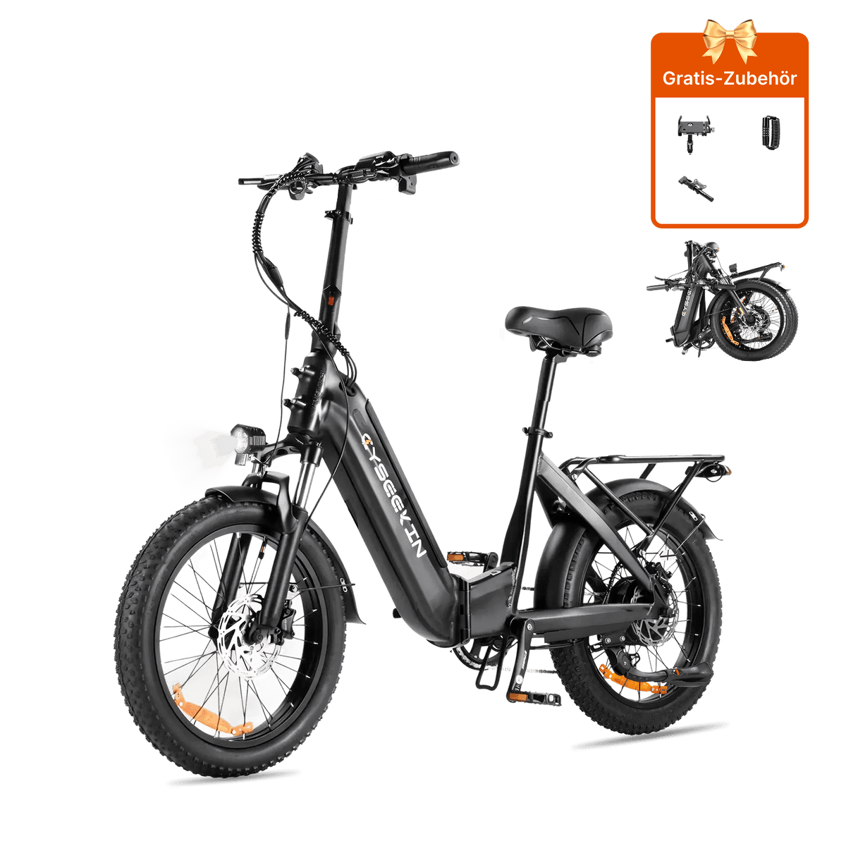 Schwarzes Cyseekin C20 Tiefeinsteiger-E-Bike in Seitenansicht mit Gepäckträger