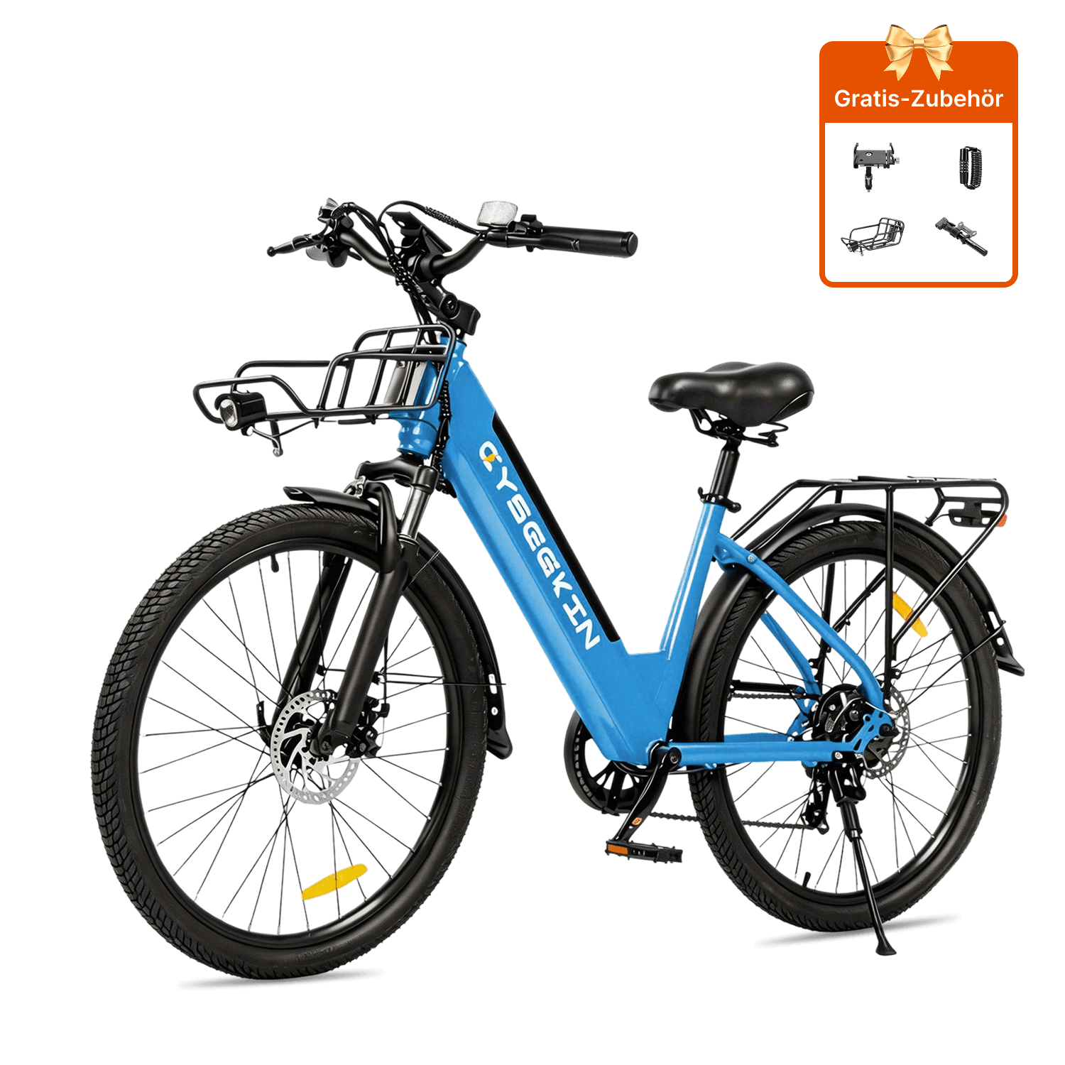 Blaues Cyseekin S10 City-E-Bike in Seitenansicht mit Gepäckträger