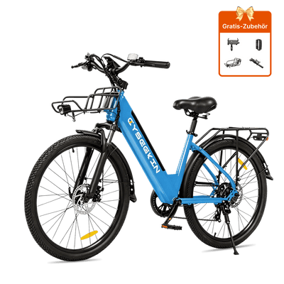 Blaues Cyseekin S10 City-E-Bike in Seitenansicht mit Gepäckträger