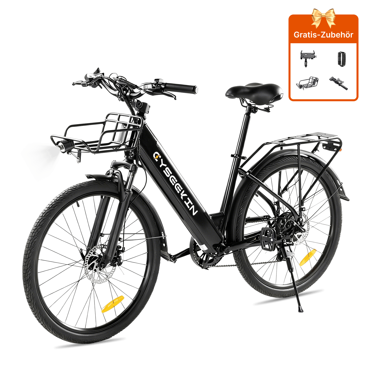 Schwarzes Cyseekin S10 City-E-Bike in Seitenansicht mit Gepäckträger