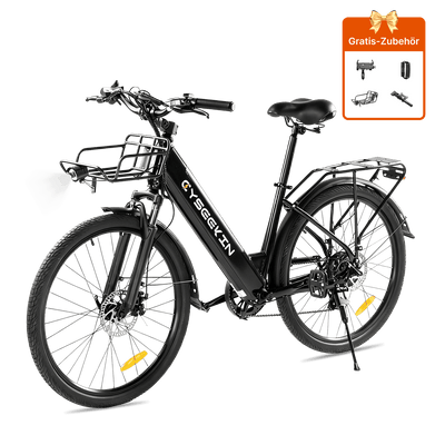 Schwarzes Cyseekin S10 City-E-Bike in Seitenansicht mit Gepäckträger